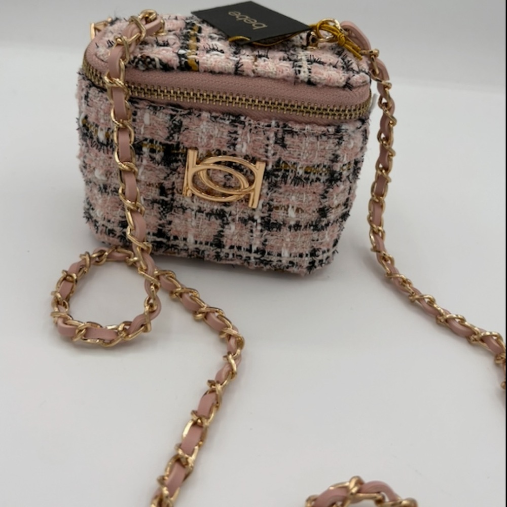 Bebe Mini Tweed Crossbody Bag Black and Pink with Gold Chain NWT
